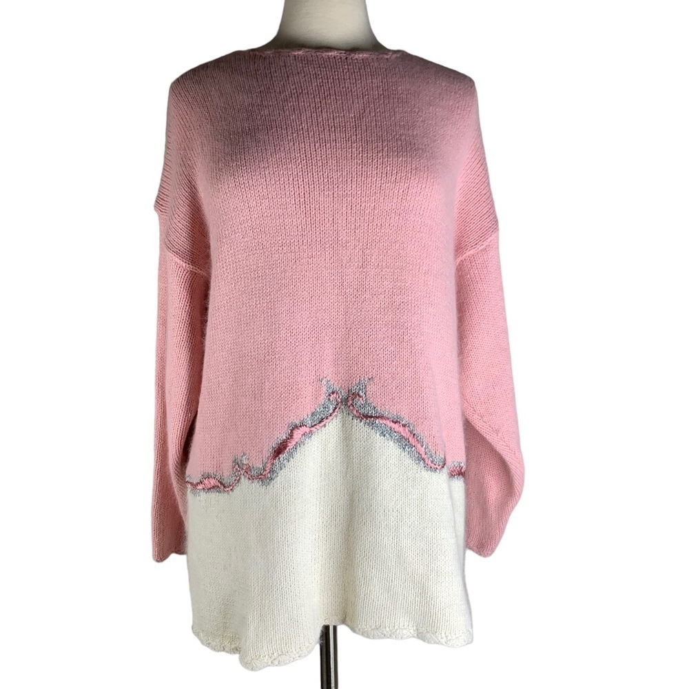 Angora & Silk Blend Pink & Cream Long Line Sweater with Ribbon Details Size 2X